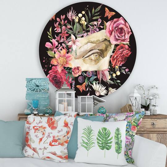 Designart - Greek Sculpture David Eye With Dried Wildflowers - Farmhouse Metal Circle Wall Art